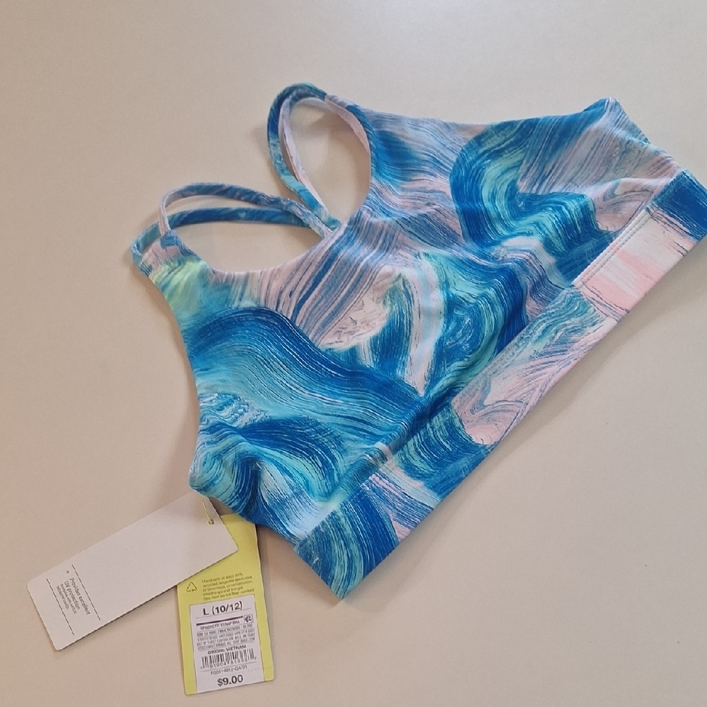 Girls 10/12 Could Fit Smaller Size for Comfort Blue and Pink Swirl Sports Bra